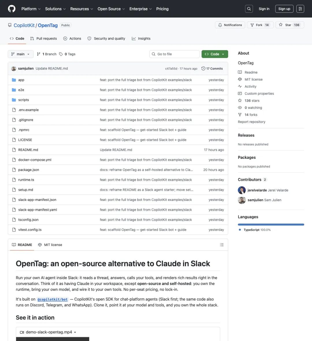 OpenTag GitHub 首页显示其 Slack-first 定位。